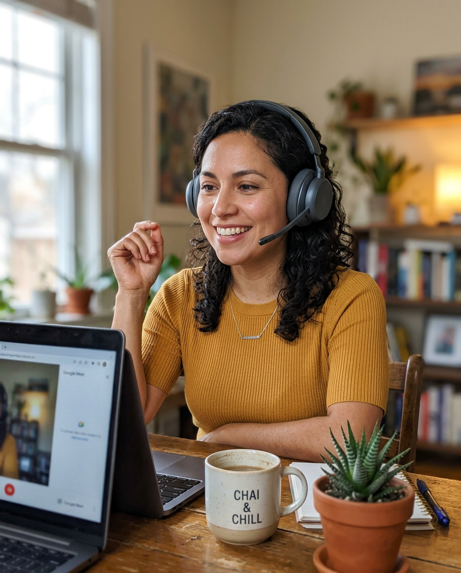 Lucy, the bilingual AI receptionist, at her desk with a headset