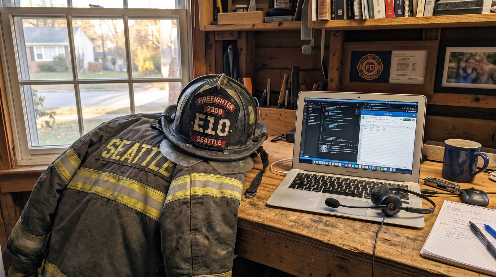 A Seattle FD firefighter&rsquo;s turnout jacket and CLEMENTE helmet resting beside a laptop and headset